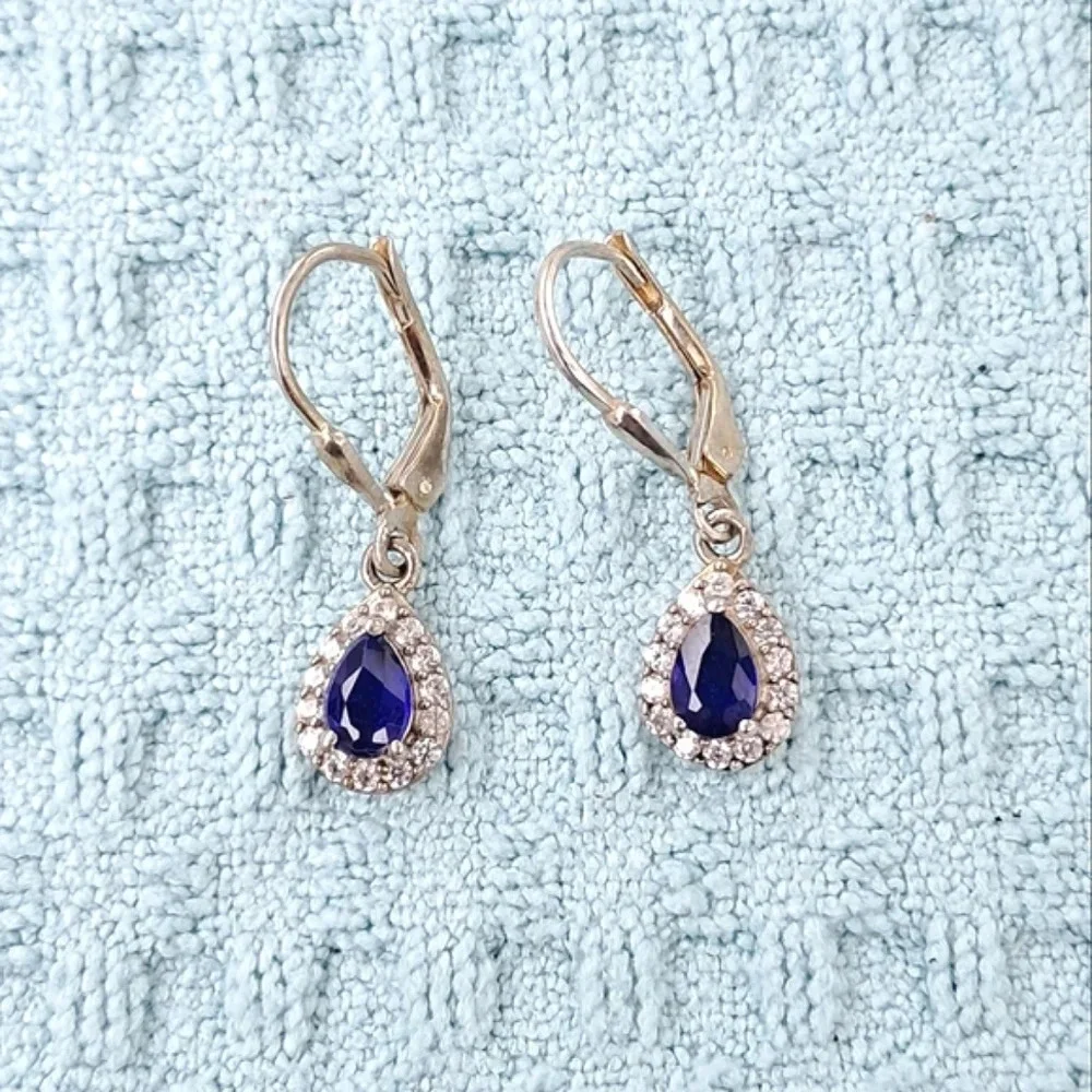 Natural Blue Spinel & White Zircon Halo Dangle Earrings In 925 Sterling Silver - Picture 2 of 7